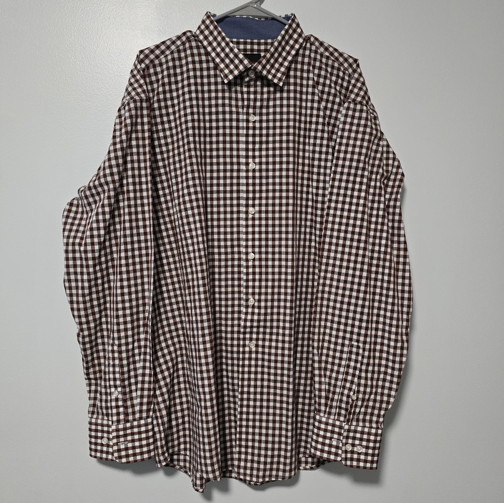 Men's Linea Uomo Gingham Stretch Button Down Shirt Brown Gray Long Sleeve 2XLT - Picture 1 of 10